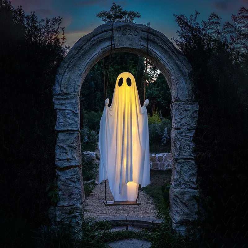 Outdoor Ghost Swing Glowing String Lights Wooden Seat & Rope