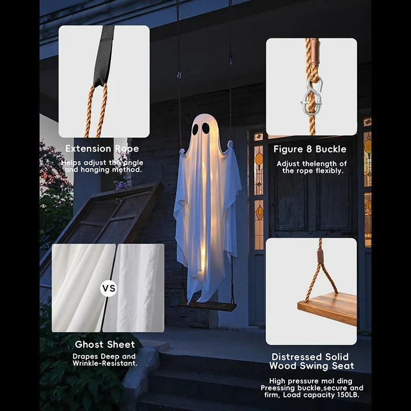 Outdoor Ghost Swing Glowing String Lights Wooden Seat & Rope