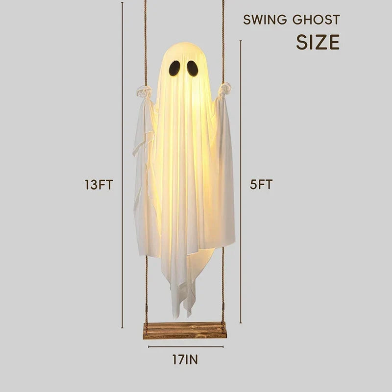 Outdoor Ghost Swing Glowing String Lights Wooden Seat & Rope