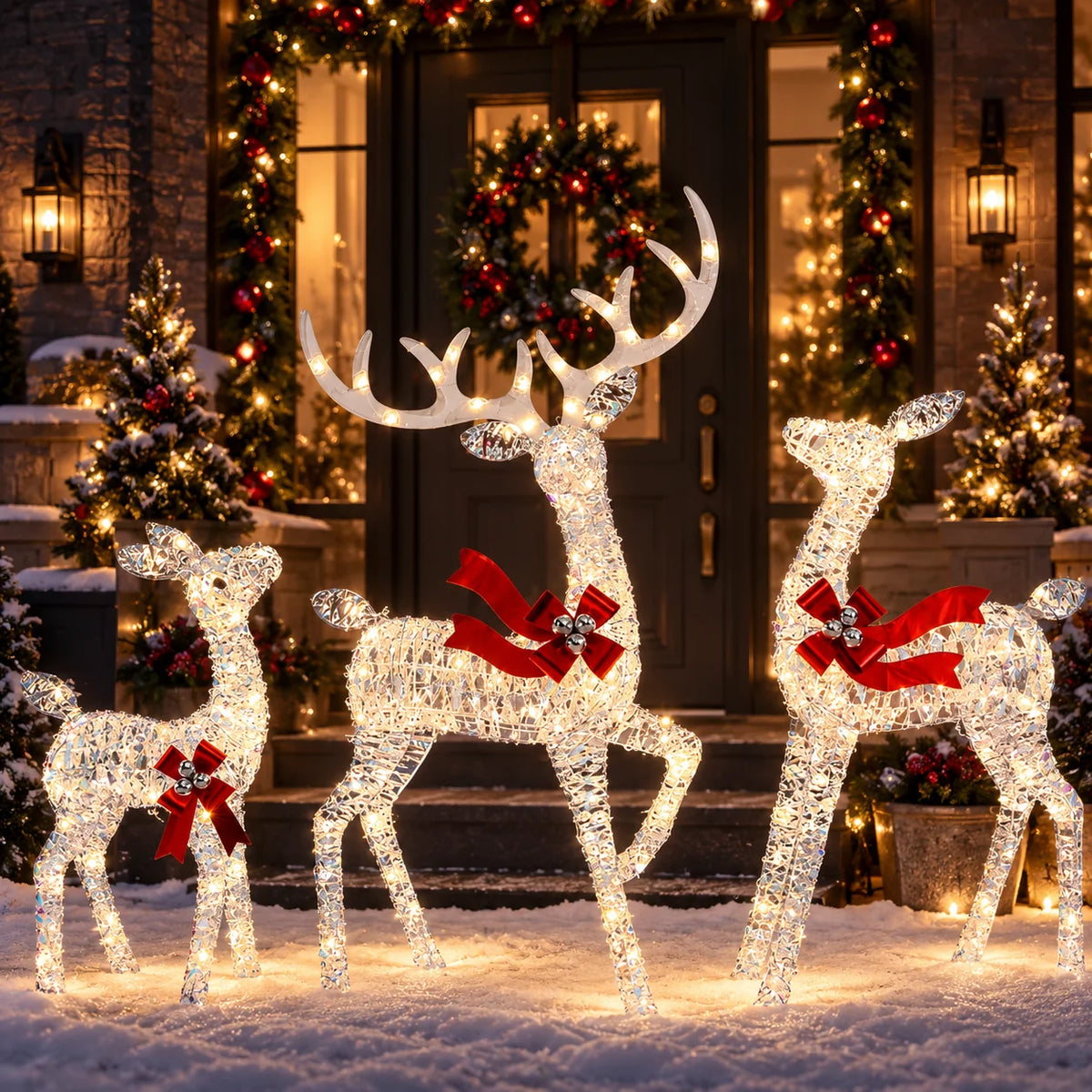 Outdoor Reindeer Display Rattan-Style LED Set of 3