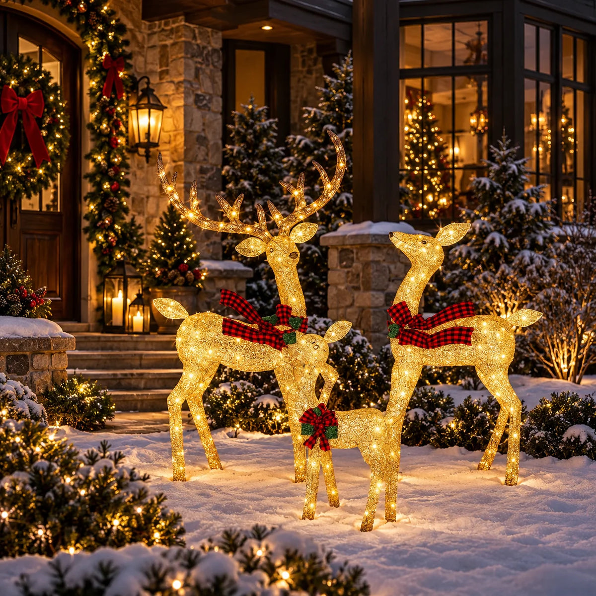 Outdoor Reindeer Display Rattan-Style LED Set of 3