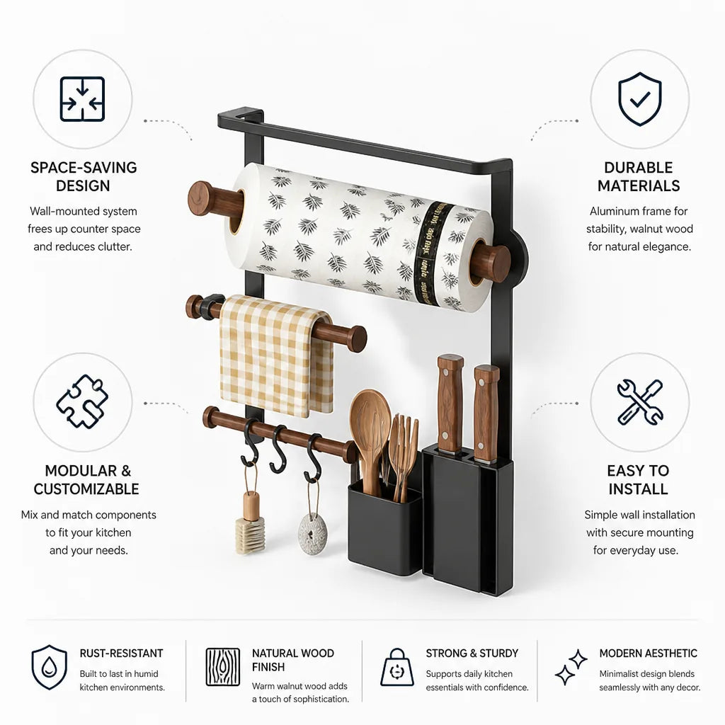Paper Towel Holder Wall-Mount Modular Aluminum & Walnut