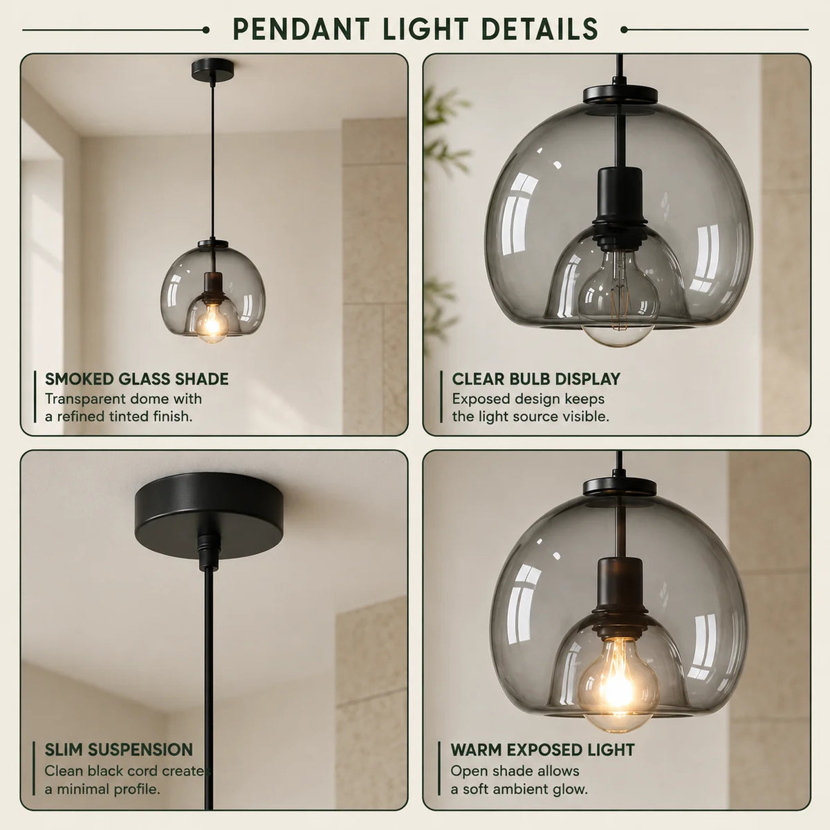 Pendant Light Hand-Blown Smoked Glass Adjustable Cord