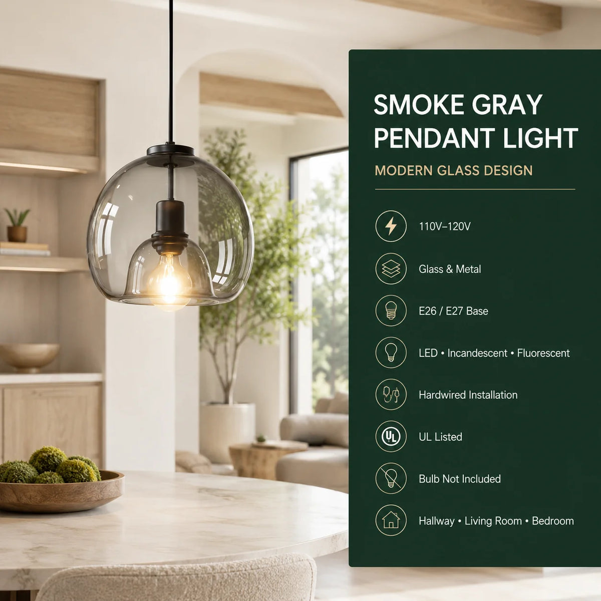 Pendant Light Hand-Blown Smoked Glass Adjustable Cord