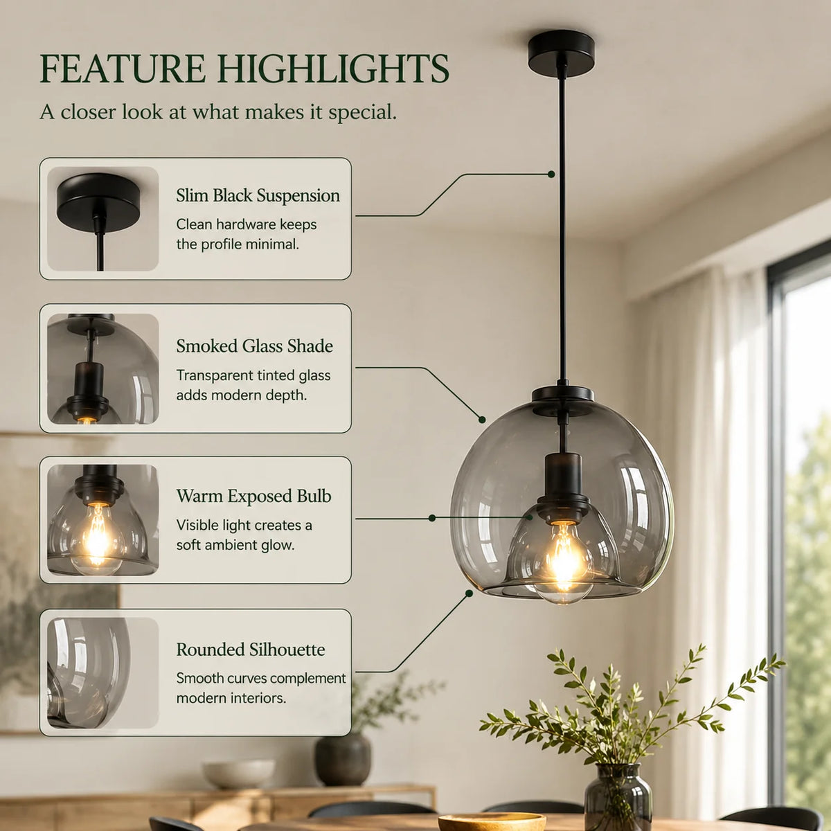 Pendant Light Hand-Blown Smoked Glass Adjustable Cord