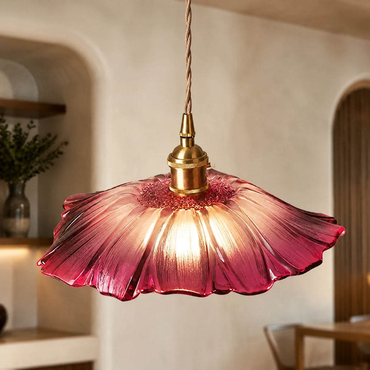 Pendant Light Rippled Glass Shade Brushed Brass Adjustable Cord