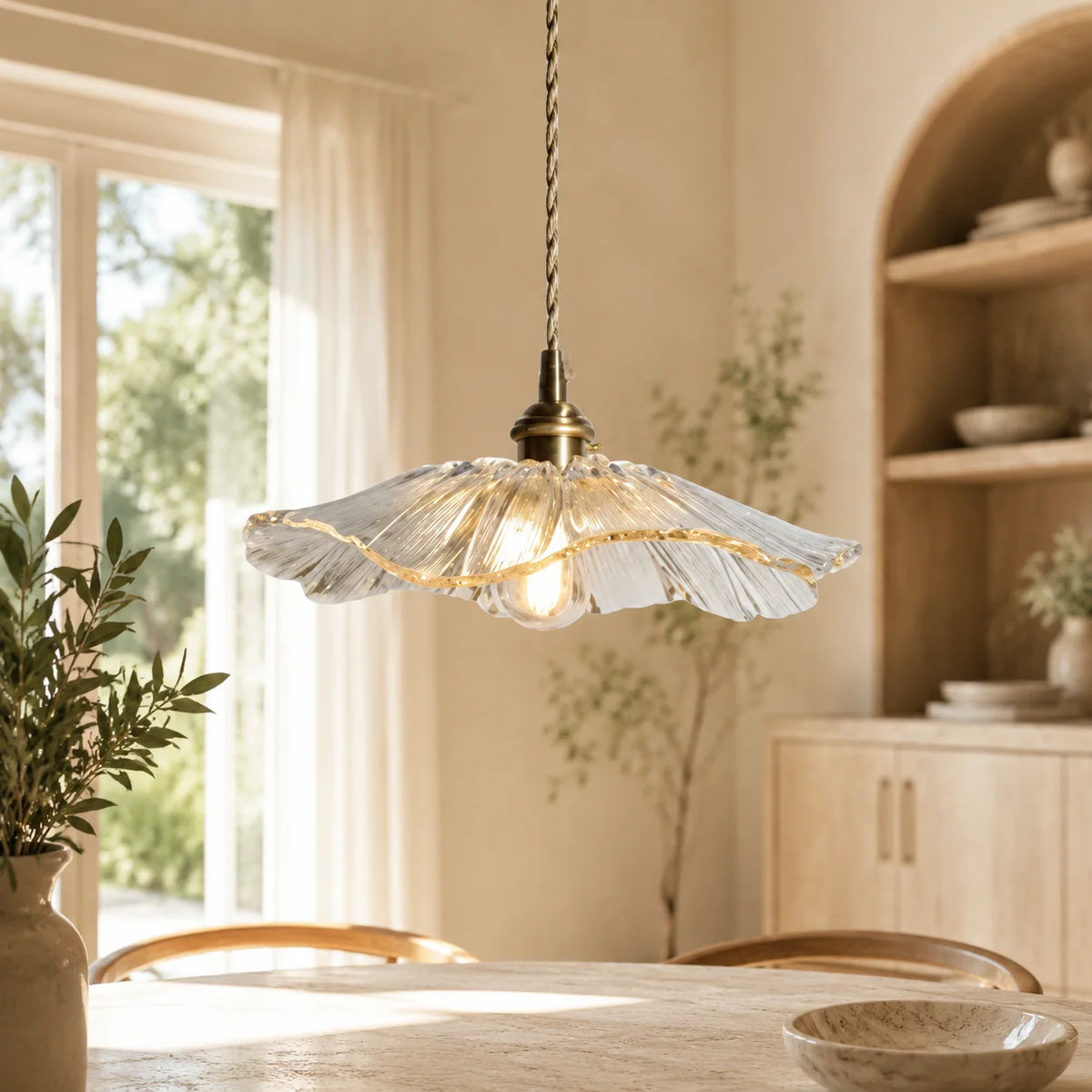 Pendant Light Rippled Glass Shade Brushed Brass Adjustable Cord