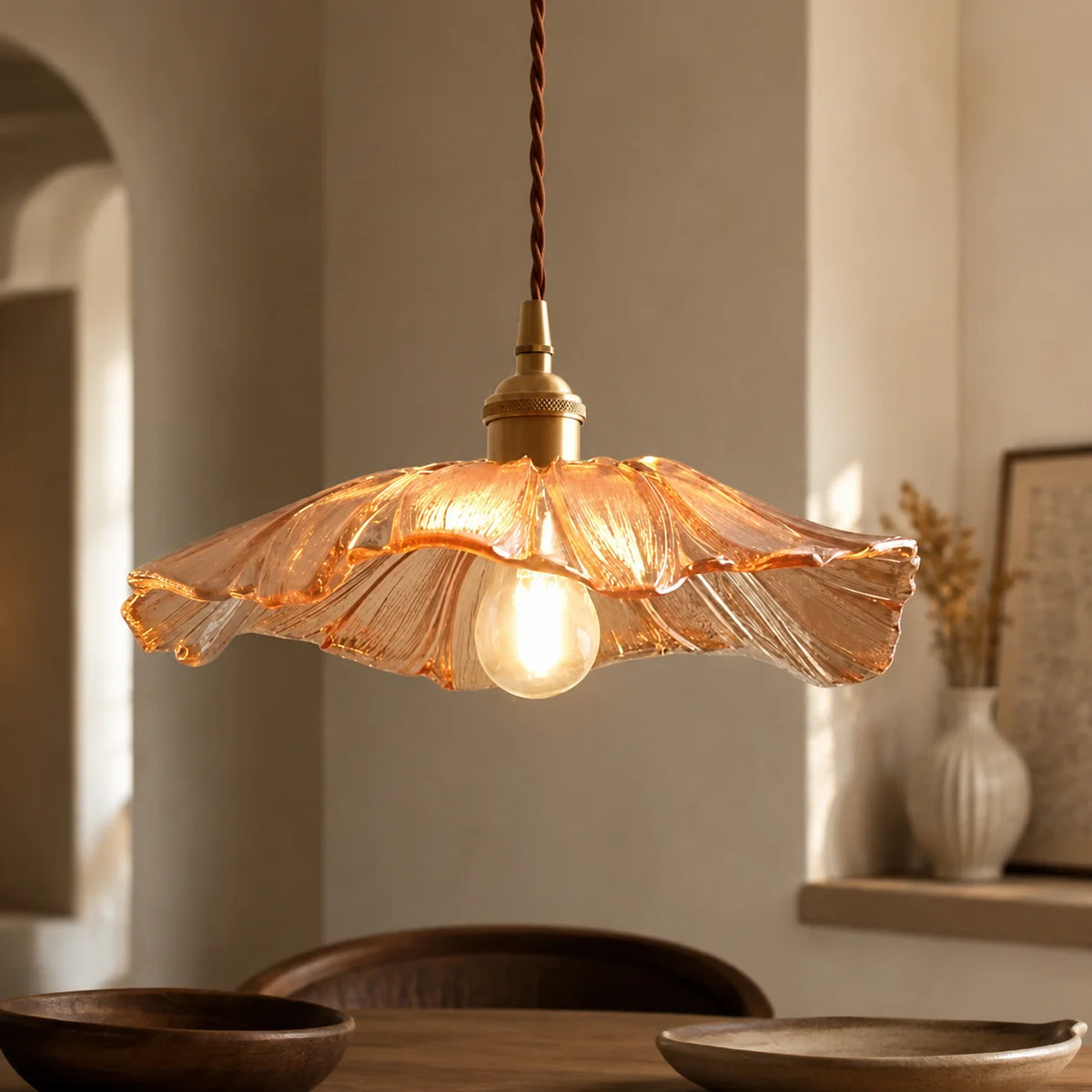 Pendant Light Rippled Glass Shade Brushed Brass Adjustable Cord