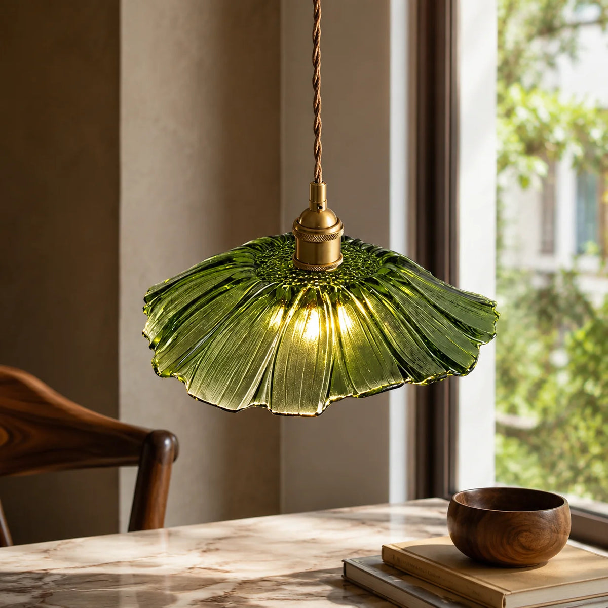 Pendant Light Rippled Glass Shade Brushed Brass Adjustable Cord
