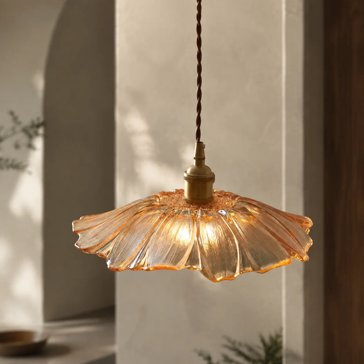 Pendant Light Rippled Glass Shade Brushed Brass Adjustable Cord