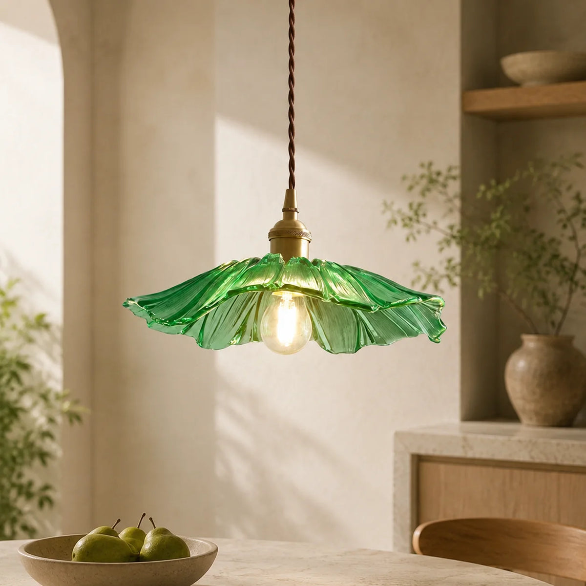 Pendant Light Rippled Glass Shade Brushed Brass Adjustable Cord