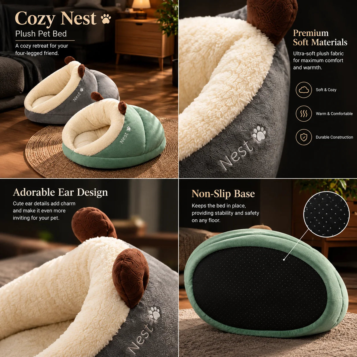 Pet Cave Bed Hooded Removable Cushion
