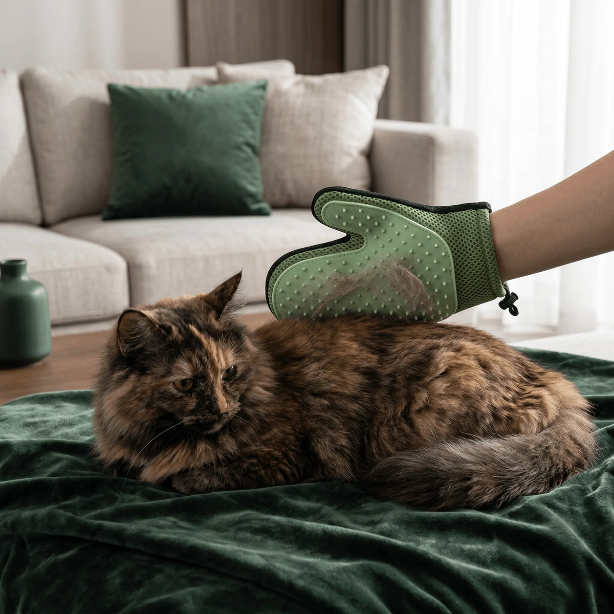 Pet Grooming Glove Dual-Sided Ridged Palm Separated Thumb Slot