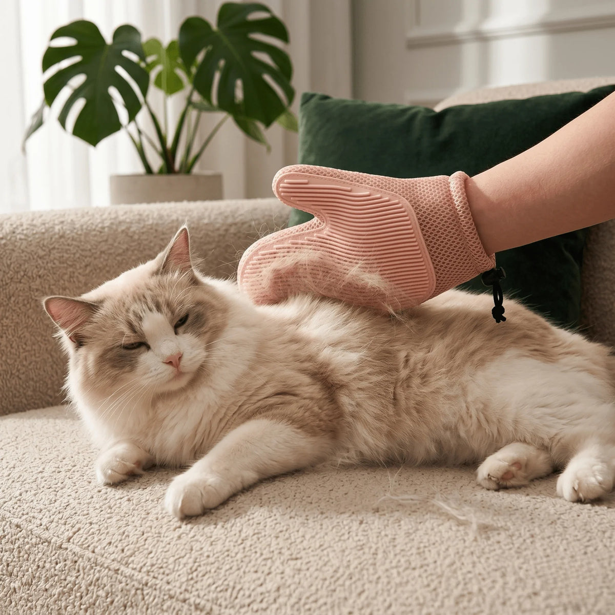 Pet Grooming Glove Dual-Sided Ridged Palm Separated Thumb Slot