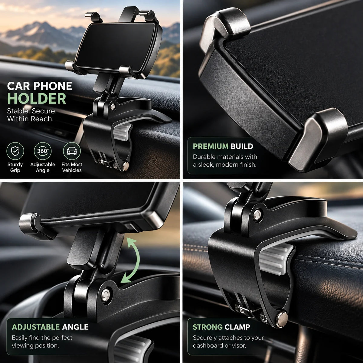 Phone Mount Dashboard Clamp 360 Degree Rotating Anti-Slip Grip