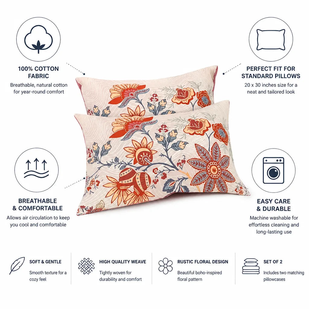 Pillowcases Rustic Floral 100% Cotton Set of 2