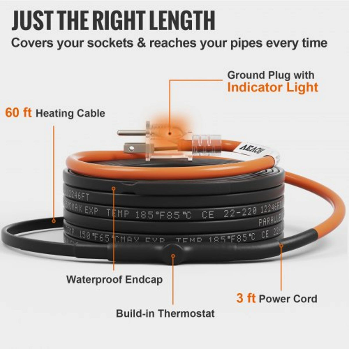 Pipe Heating Cable Self-Regulating Automatic Thermostat 60 Foot