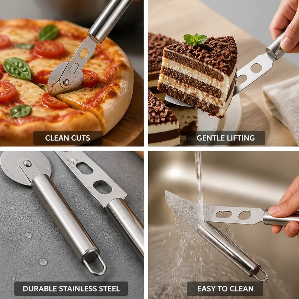Pizza Cutter & Cake Server Set Stainless Steel Dual Wheel