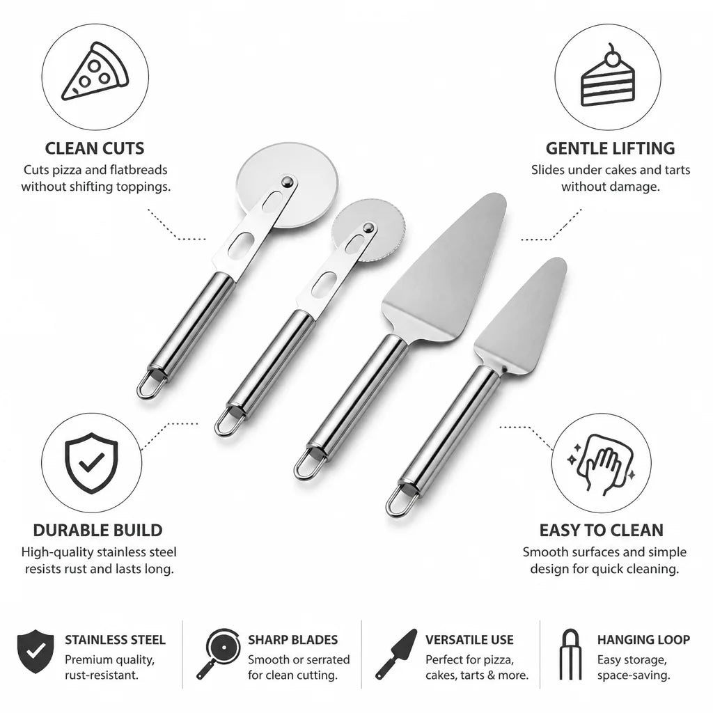 Pizza Cutter & Cake Server Set Stainless Steel Dual Wheel