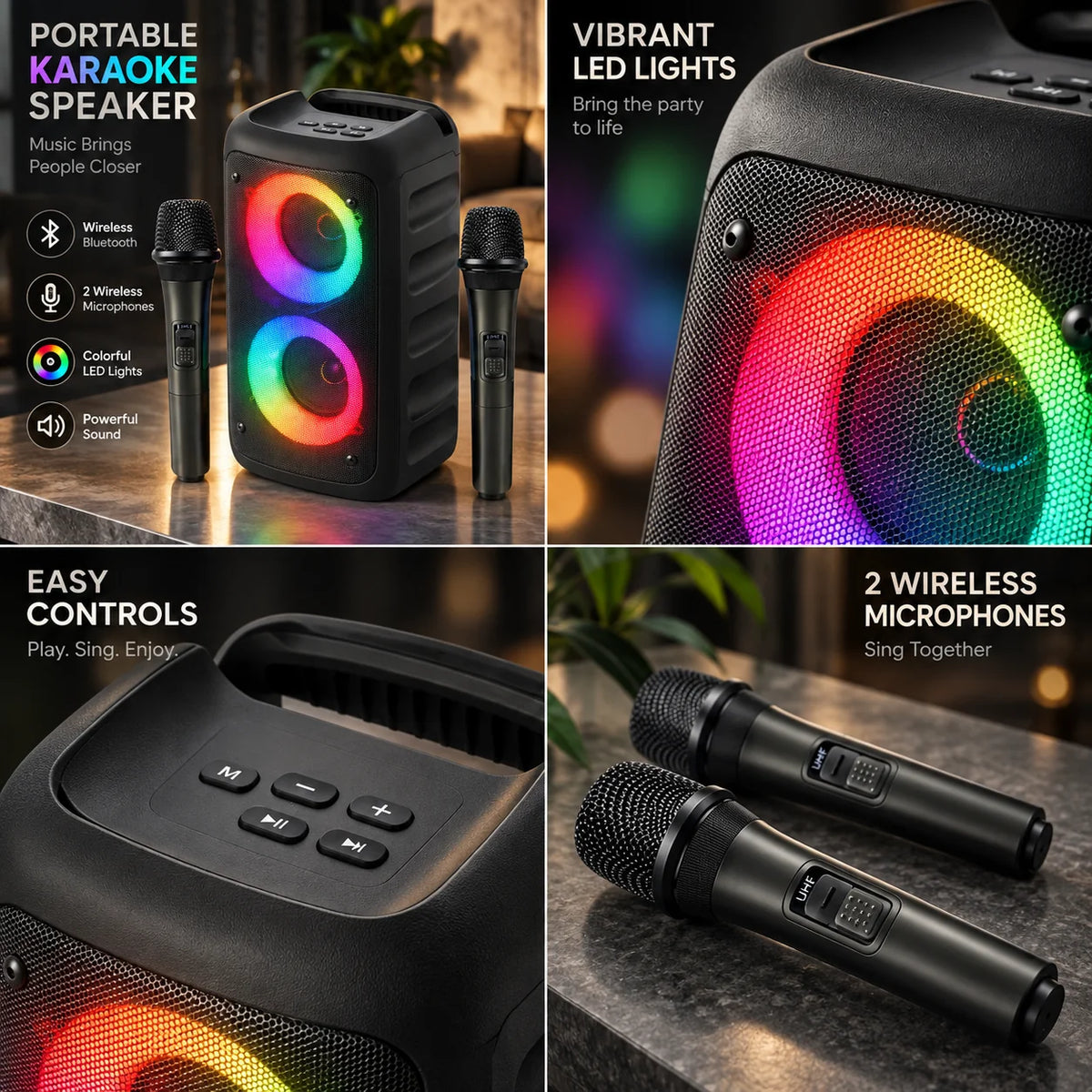 Portable Karaoke Machine Wireless Mics 8-Hour Battery