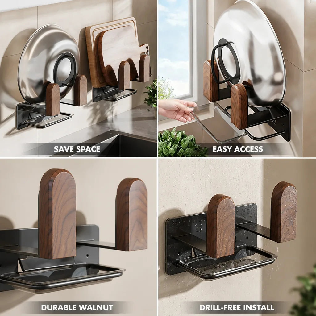 Pot Lid Rack Walnut Wood Drill-Free Space-Saving