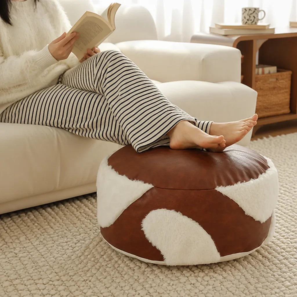 Pouf Ottoman Faux Leather & Sherpa Removable Cover
