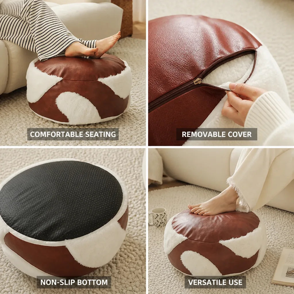 Pouf Ottoman Faux Leather & Sherpa Removable Cover