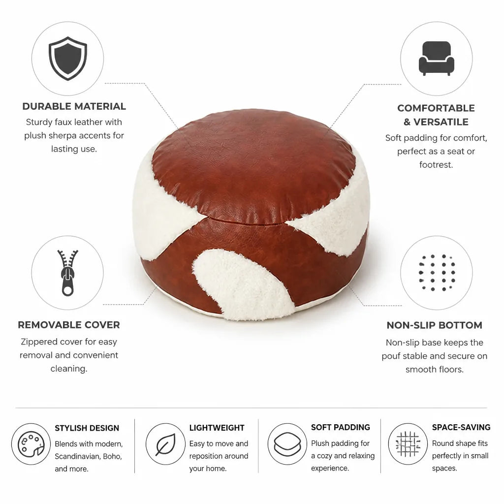 Pouf Ottoman Faux Leather & Sherpa Removable Cover