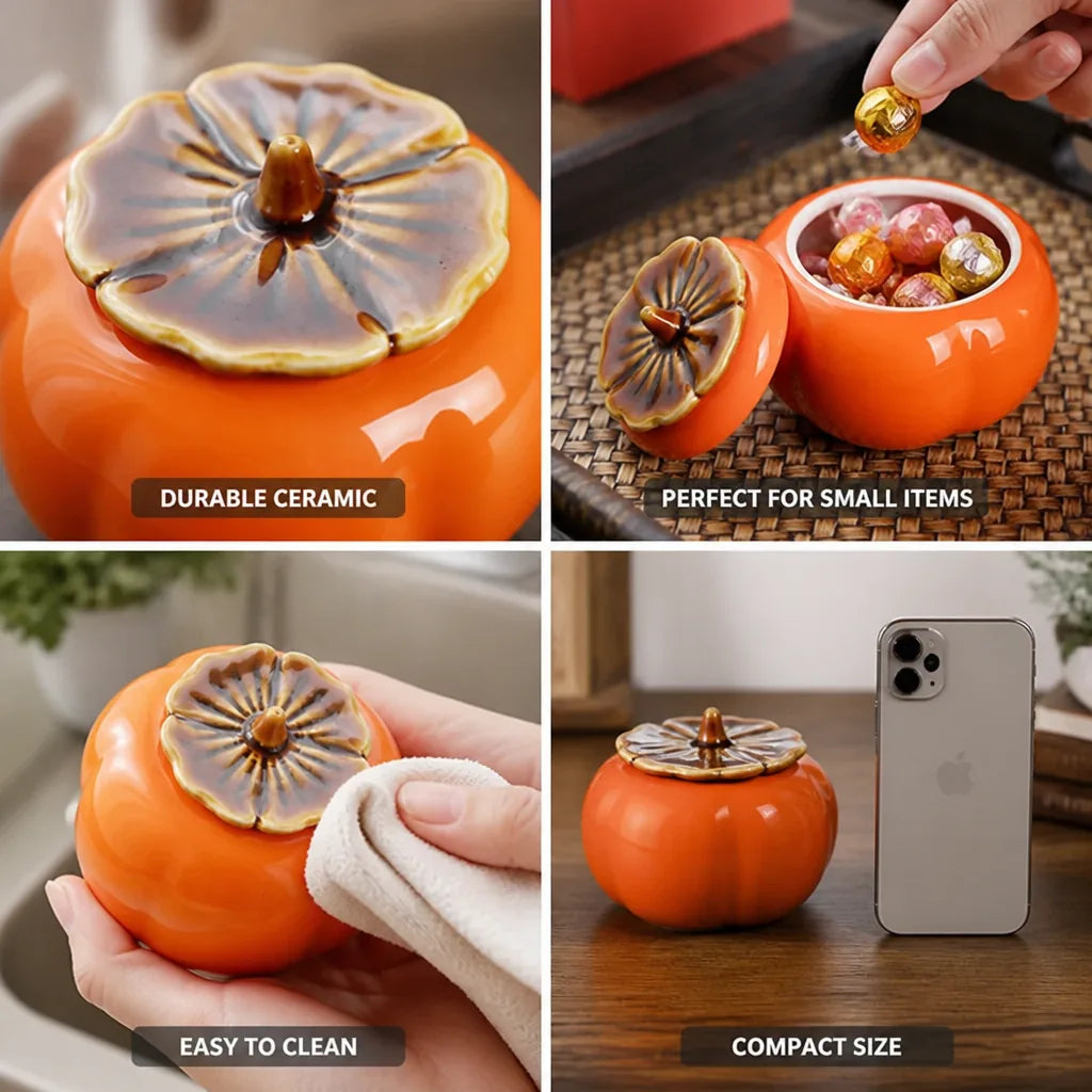Pumpkin Container Ceramic Detailed Leaf Lid Easy Clean