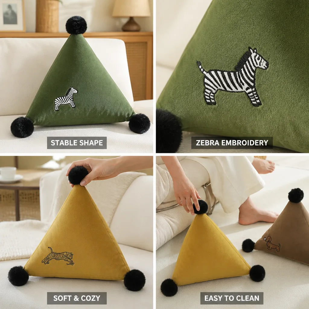 Pyramid Cushion Zebra Embroidery Faux Fur Pom-Poms 30cm