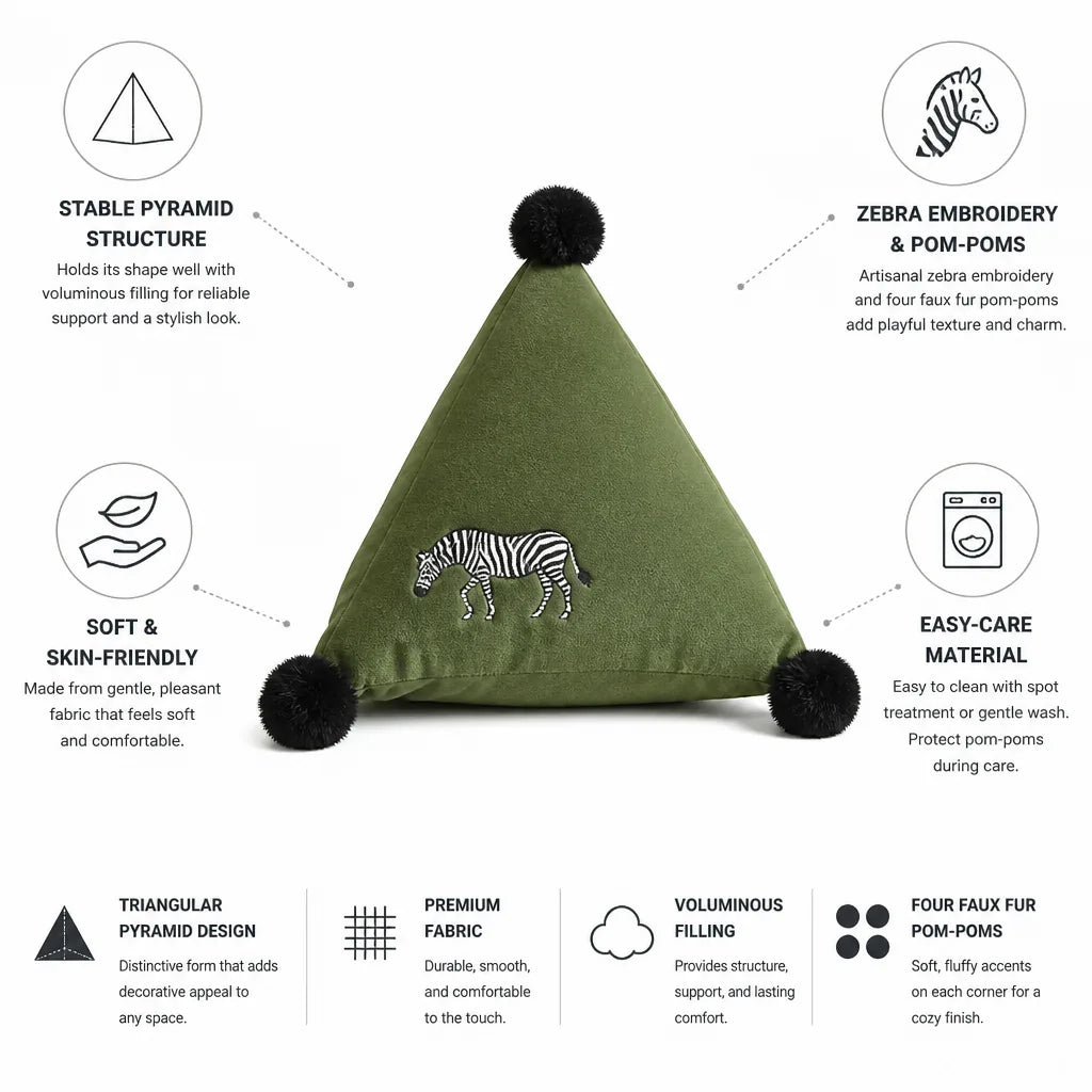 Pyramid Cushion Zebra Embroidery Faux Fur Pom-Poms 30cm