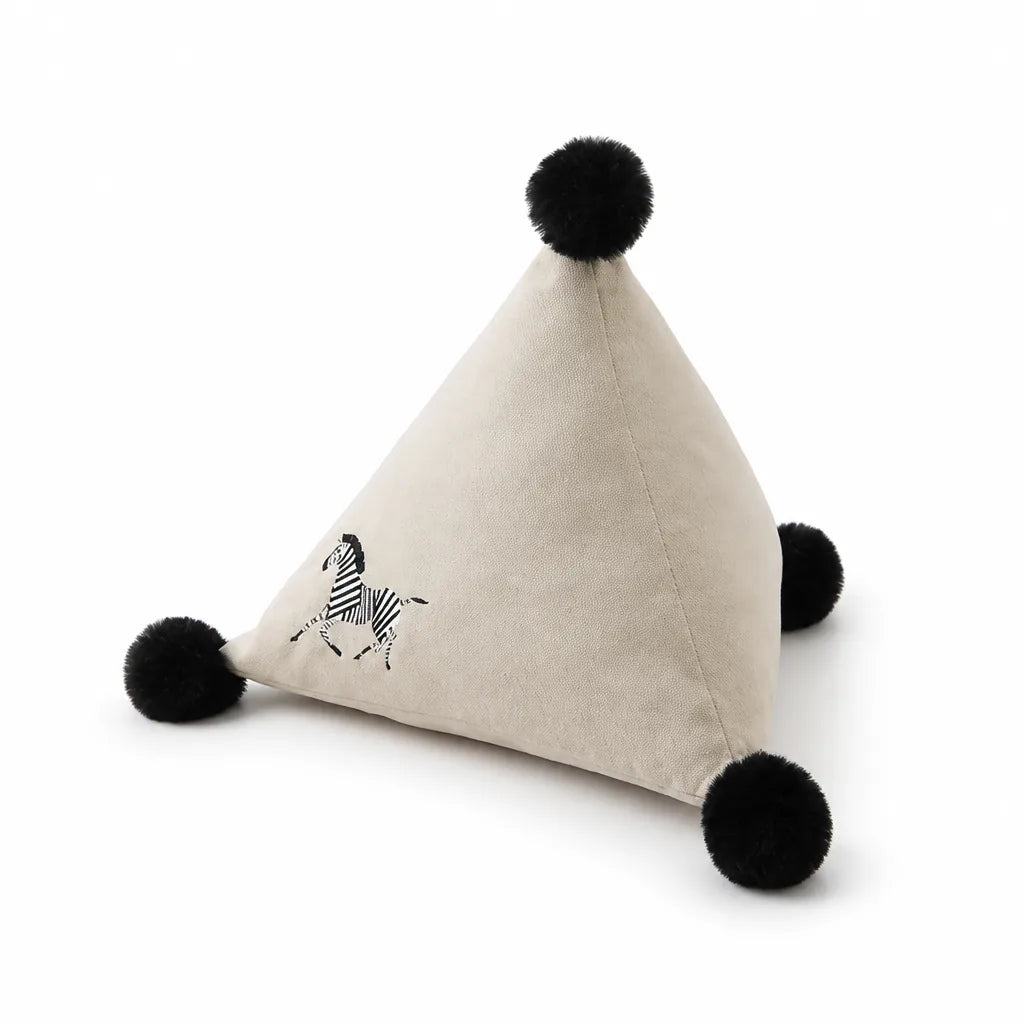 Pyramid Cushion Zebra Embroidery Faux Fur Pom-Poms 30cm