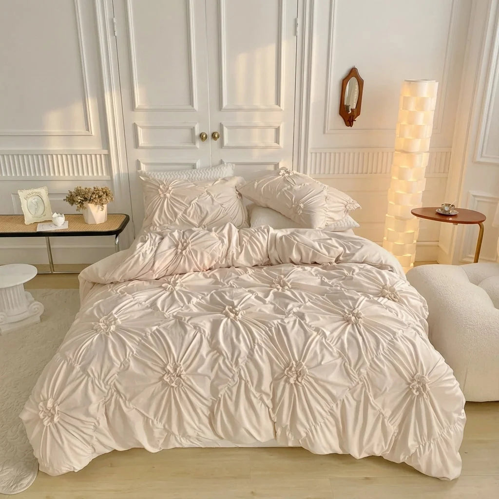 Quilt Cover Set Pinch-Pleat Floral Ruffle Brushed Microfiber