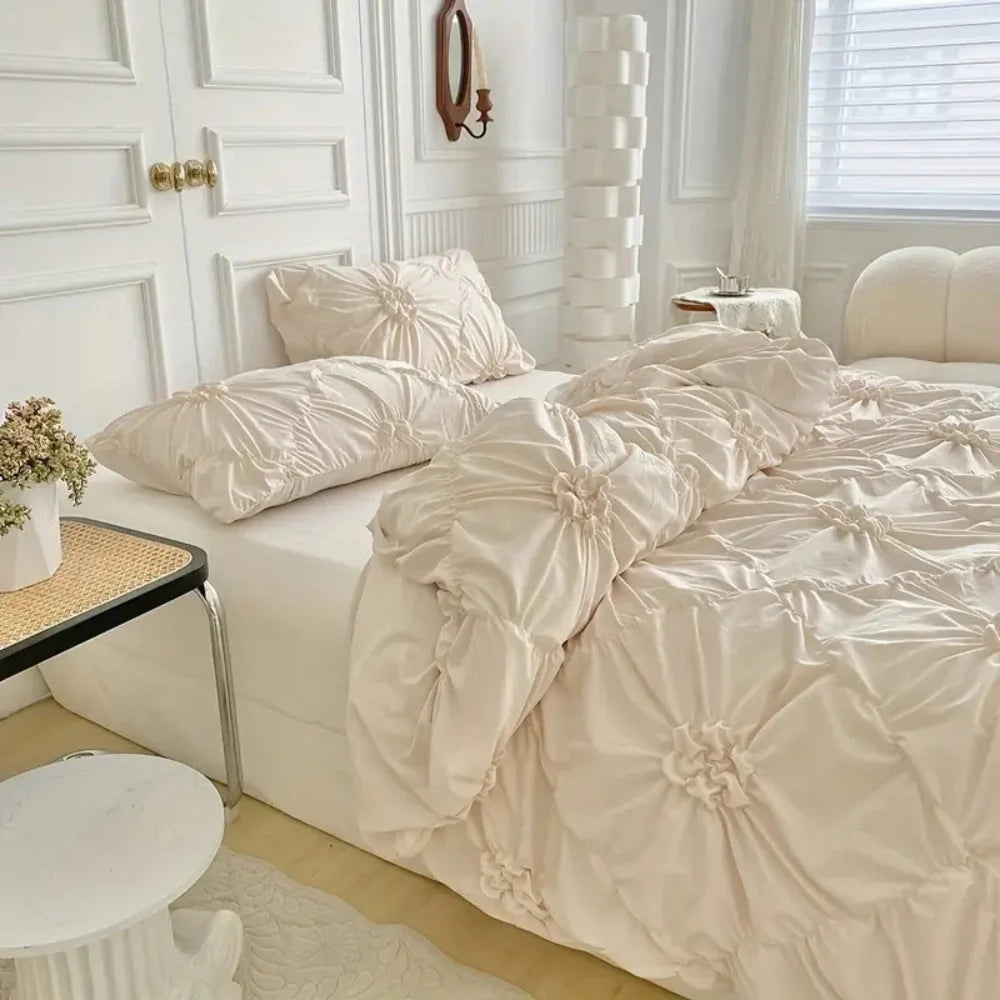 Quilt Cover Set Pinch-Pleat Floral Ruffle Brushed Microfiber
