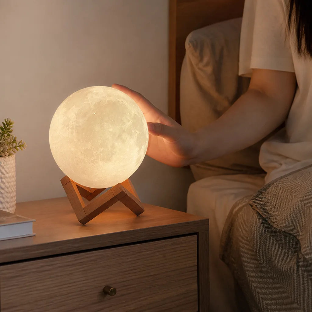 Realistic Lunar Surface Wooden Stand Touch Control Moon Lamp