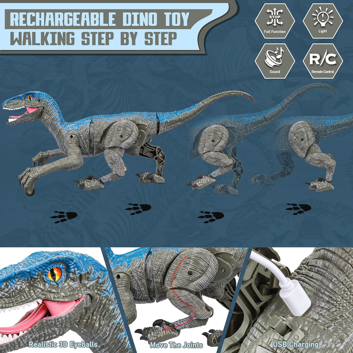 Remote Control Dinosaur Lifelike Movement & Sounds USB Rechargeable