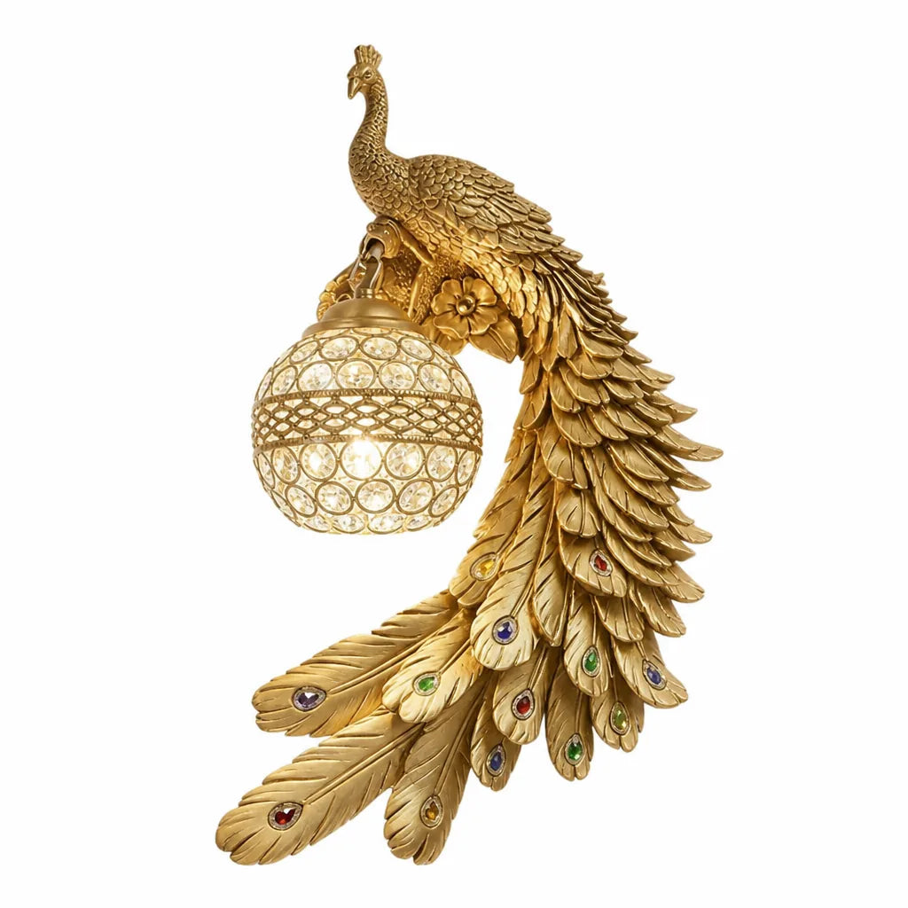 Resin Peacock Wall Sconce with Crystal-Studded Shade