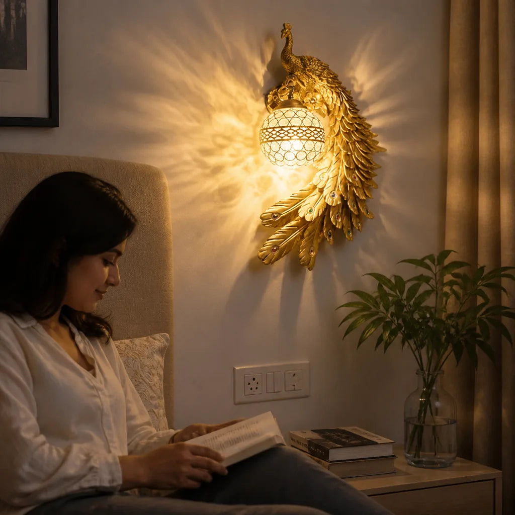 Resin Peacock Wall Sconce with Crystal-Studded Shade