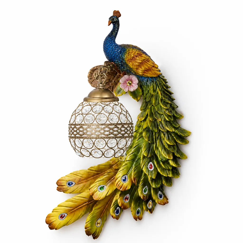 Resin Peacock Wall Sconce with Crystal-Studded Shade