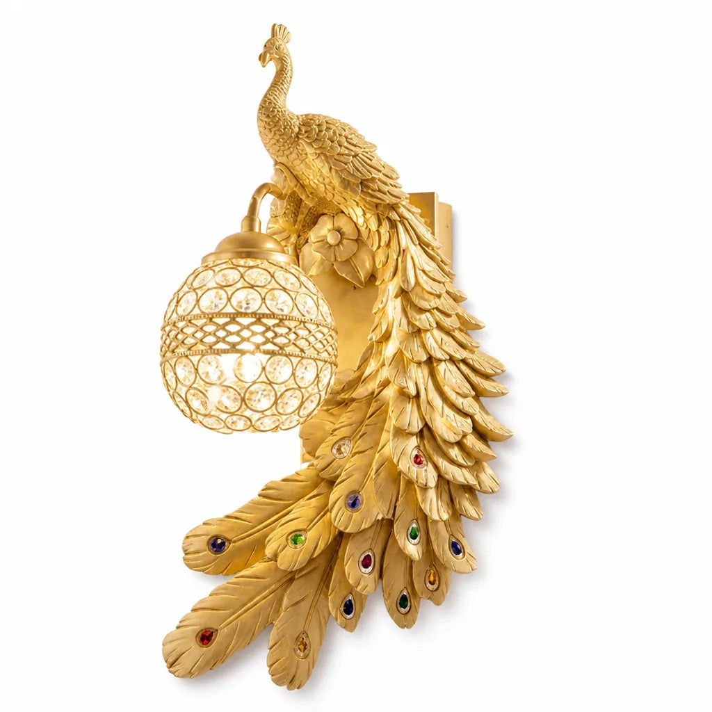 Resin Peacock Wall Sconce with Crystal-Studded Shade