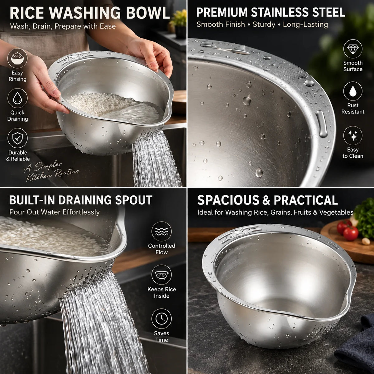 Rice Washing Bowl Stainless Steel 2-in-1 Rinse & Drain