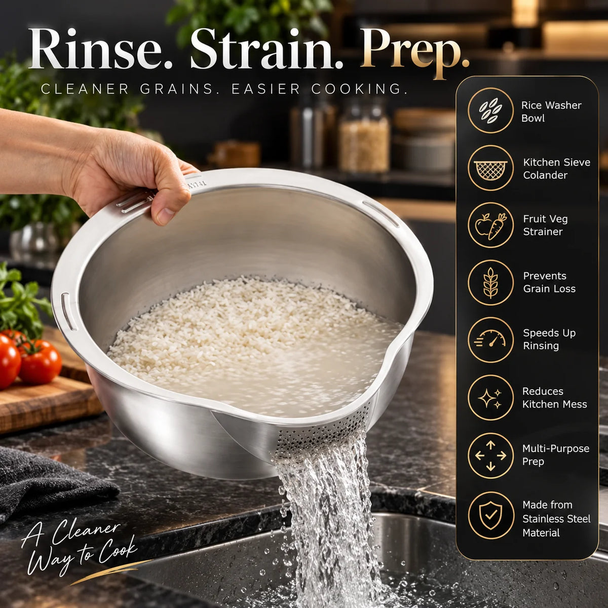 Rice Washing Bowl Stainless Steel 2-in-1 Rinse & Drain