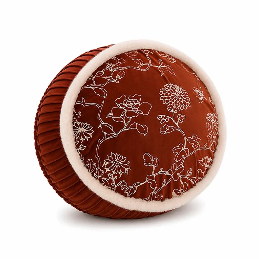 Round Pouf Velvet Floral Embroidery Faux Fur Trim