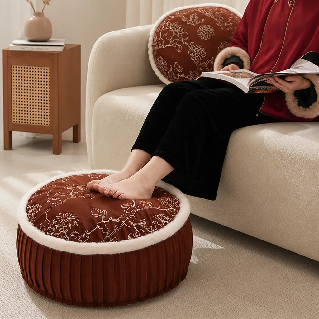 Round Pouf Velvet Floral Embroidery Faux Fur Trim