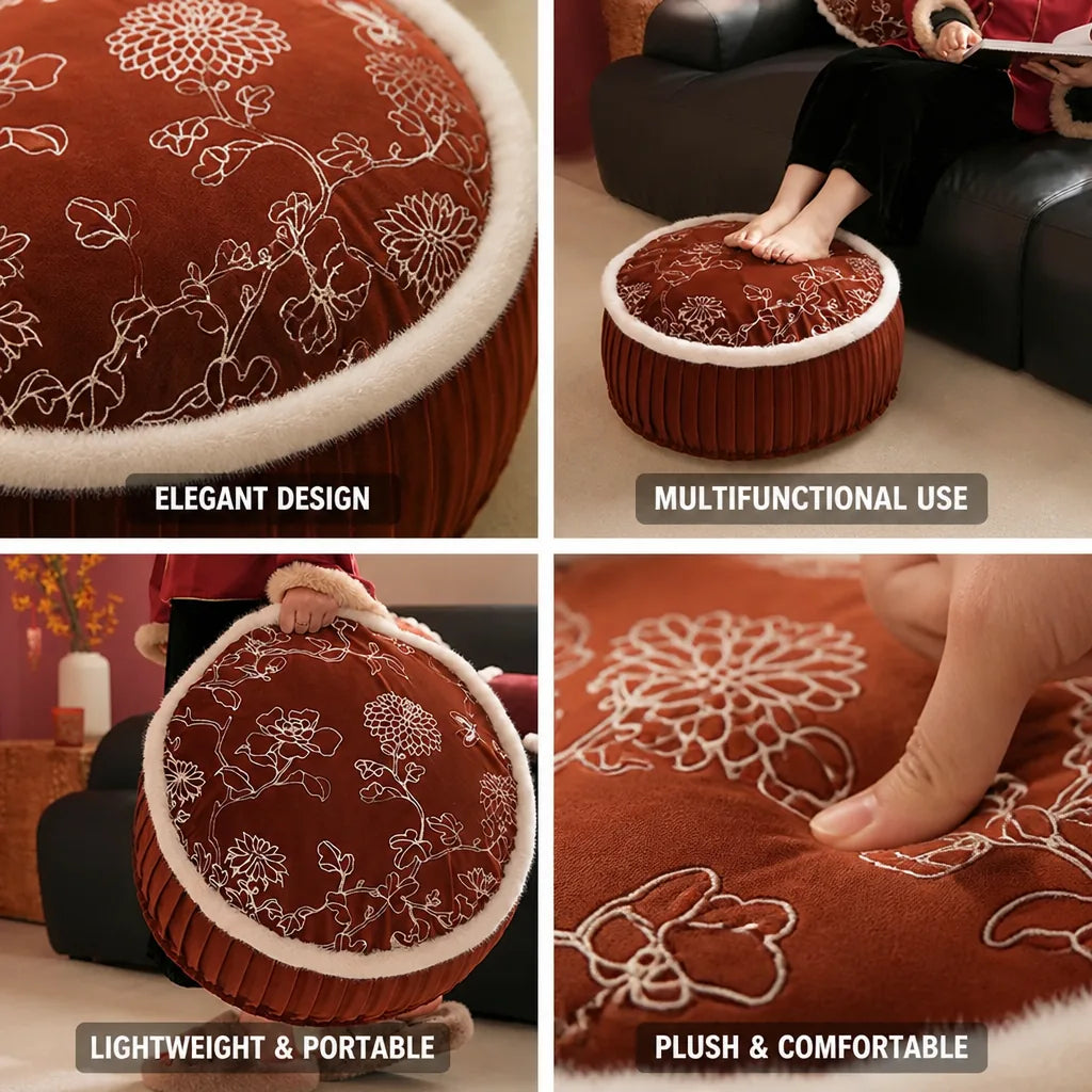 Round Pouf Velvet Floral Embroidery Faux Fur Trim