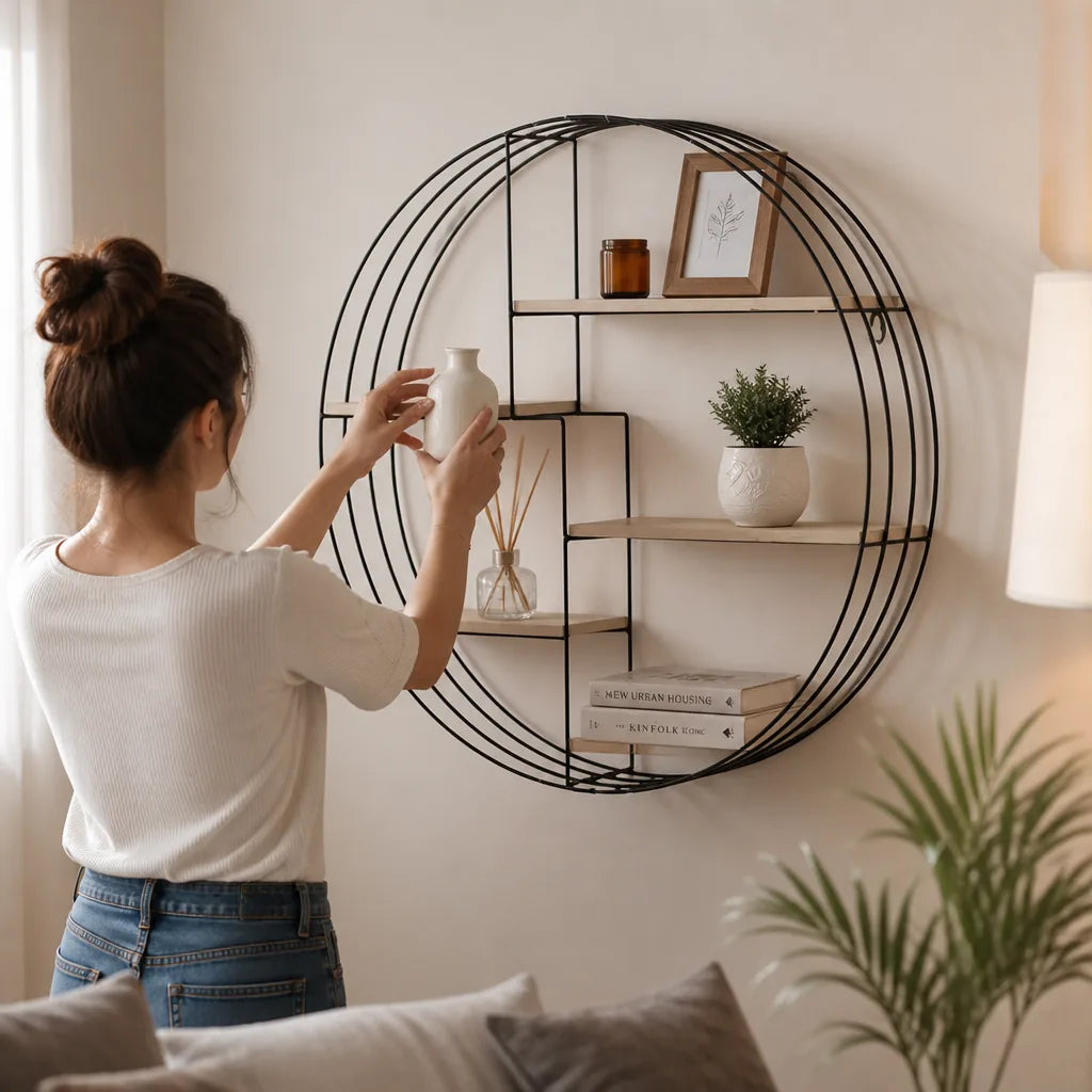 Round Wood & Metal Wall Shelf (4-Tier)