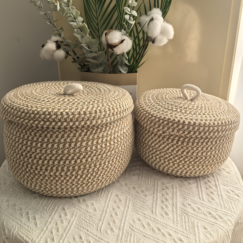 Round Woven Storage Basket Jute-Cotton Matching Lid