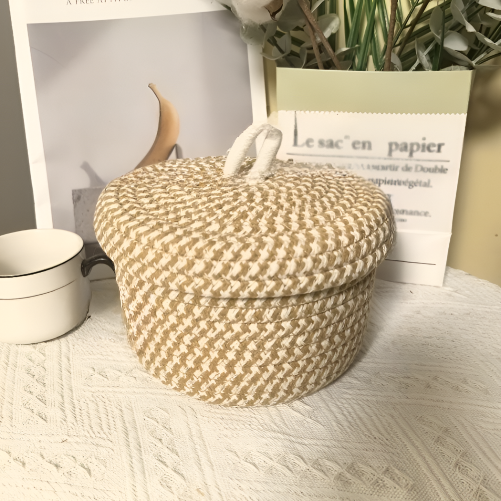 Round Woven Storage Basket Jute-Cotton Matching Lid
