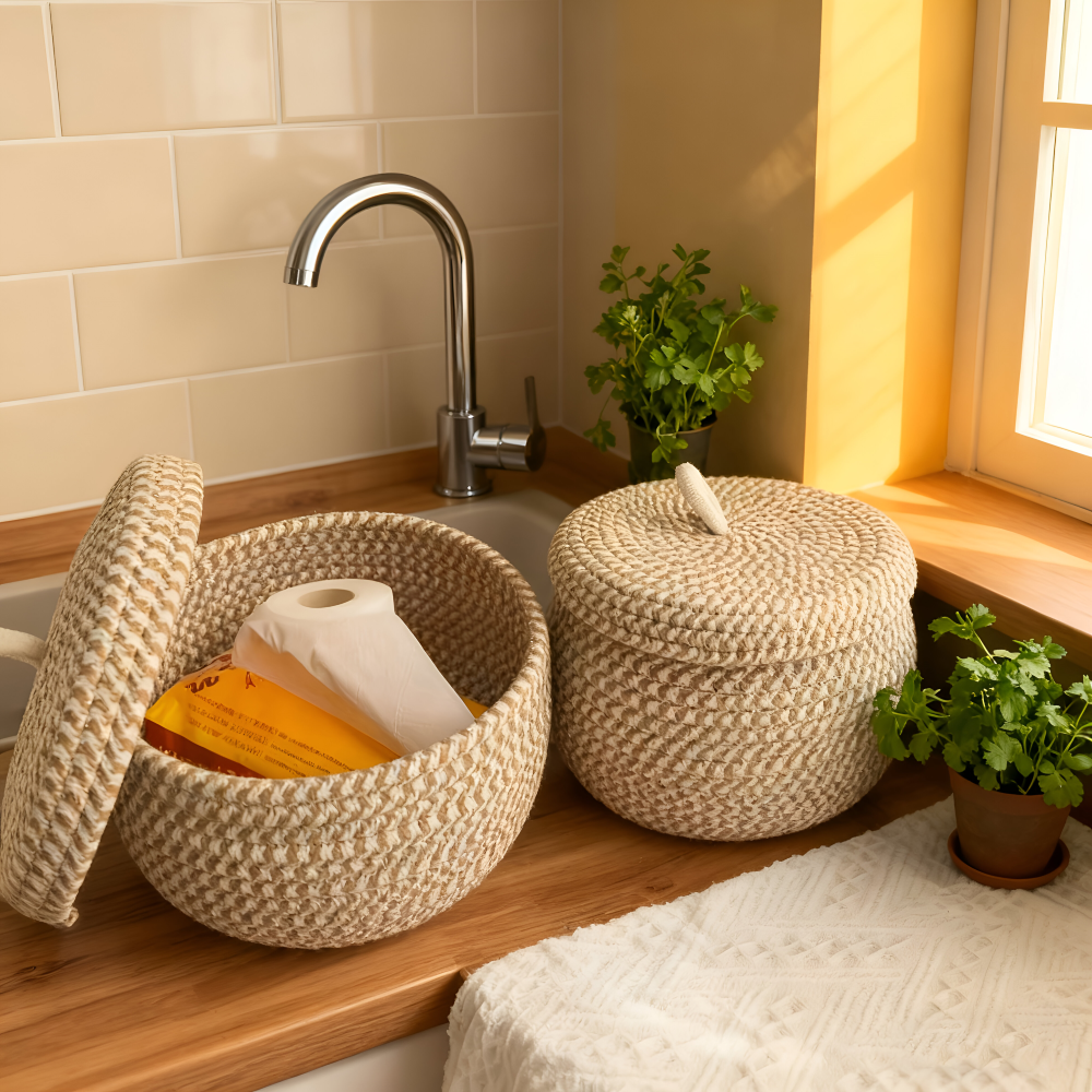 Round Woven Storage Basket Jute-Cotton Matching Lid