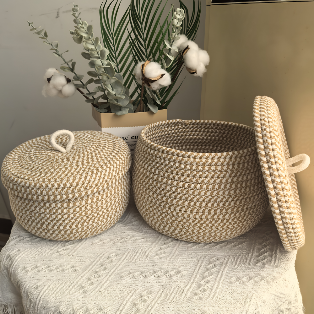 Round Woven Storage Basket Jute-Cotton Matching Lid